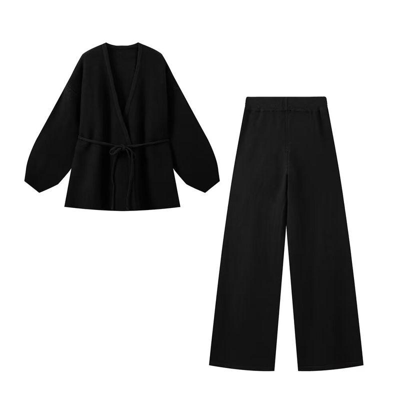 

Kaslead New Arrival Women s Clothing Fashion Style Fashionable Knitted Shoelace Cardigan Top and Trousers Suit Black L