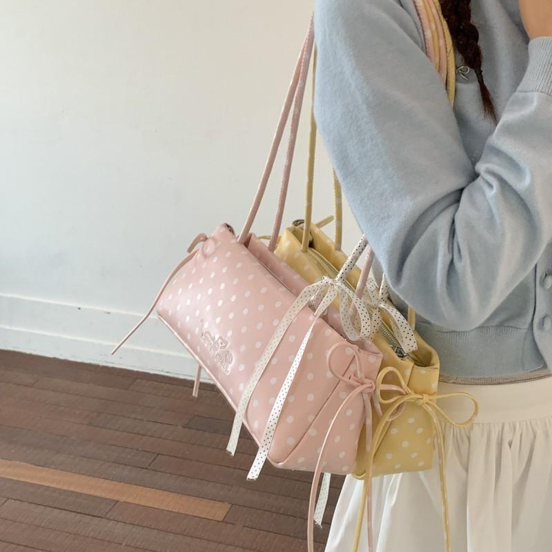Y2k Polka Dot Shoulder Bag, Korean Fashion Elegant Underarm Bag Cute Lace Bow Decor Womens' Simple Commute Zippered Handbag