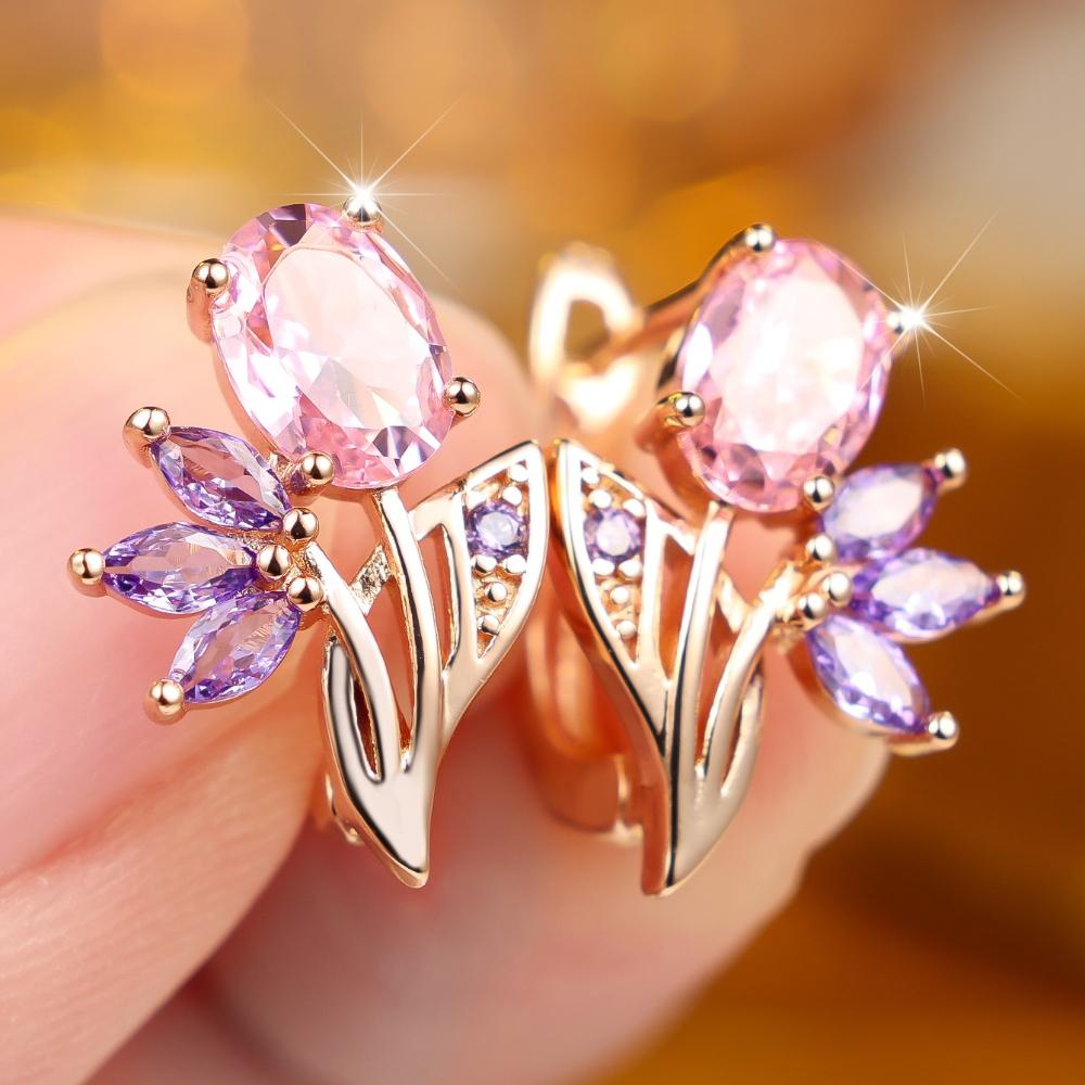 Purple Zircon Flower Drop Earrings For Women Trendy Jewelry Gold Color Bride Wedding Earrings