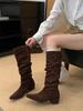Design Pleated Woman Knee-High Boots Fashion Pointed Toe Long Booties Autumn Winter Square Heels Slim Shoes