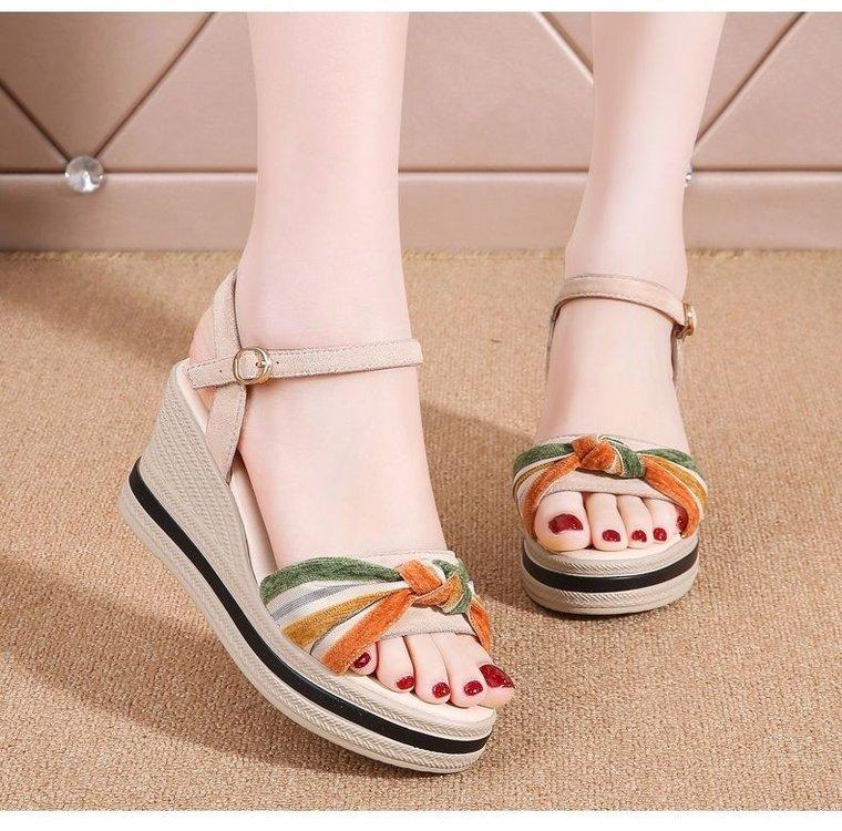 Wedge heel leather sandals women's 2024 summer new versatile buckle with high heel thick sole heightening casual outer slippers