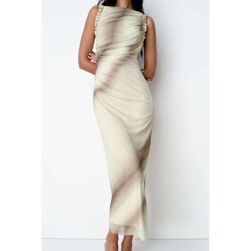 Spring NEW round Neck Sleeveless Pleat Vest Skirt Laminated Decorative Silk Net Print Dress 2321174