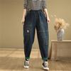 Mouhoukyo Denim Embroidered Elastic High Loose Slimming Size Women's Pants, Jeans, Denim, Waist, Waist, Casual, Fit, (Color shown, L)