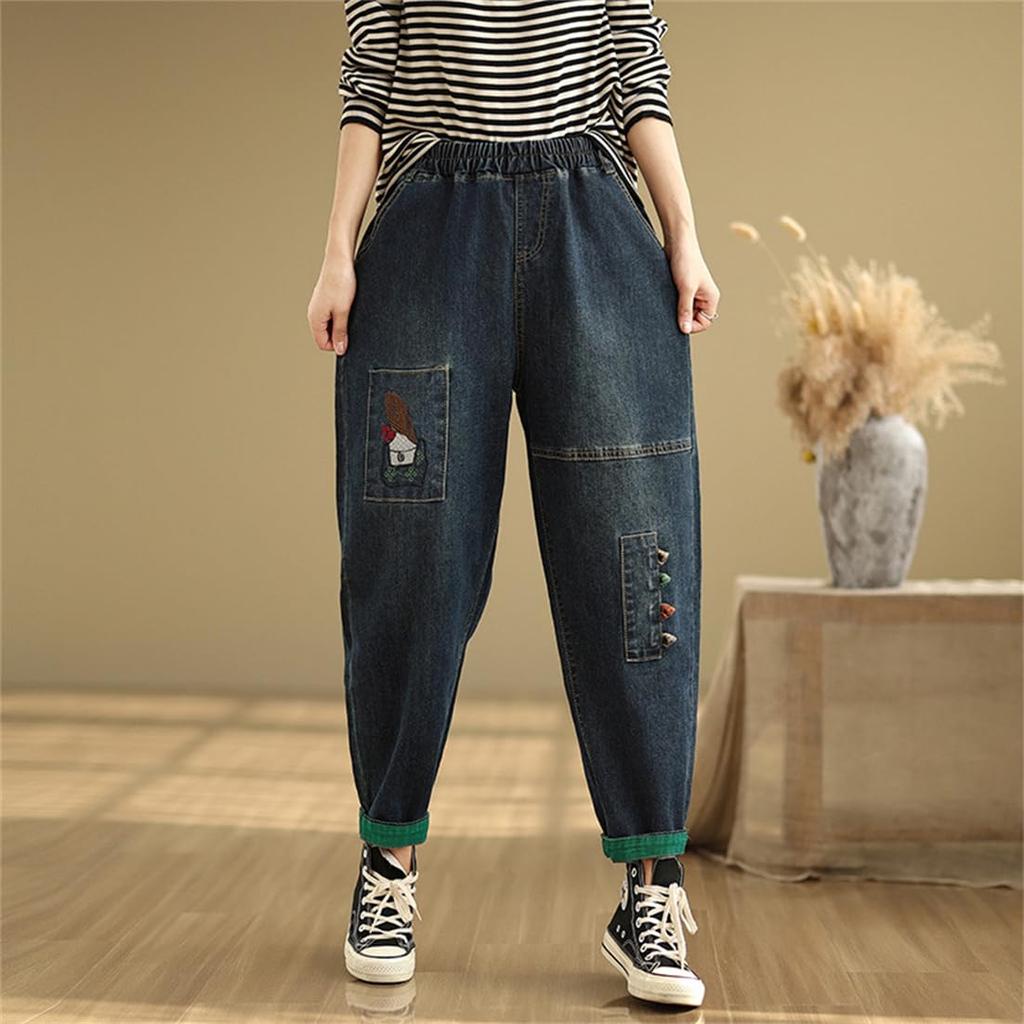 Mouhoukyo Denim Embroidered Elastic High Loose Slimming Size Women's Pants, Jeans, Denim, Waist, Waist, Casual, Fit, (Color shown, L)