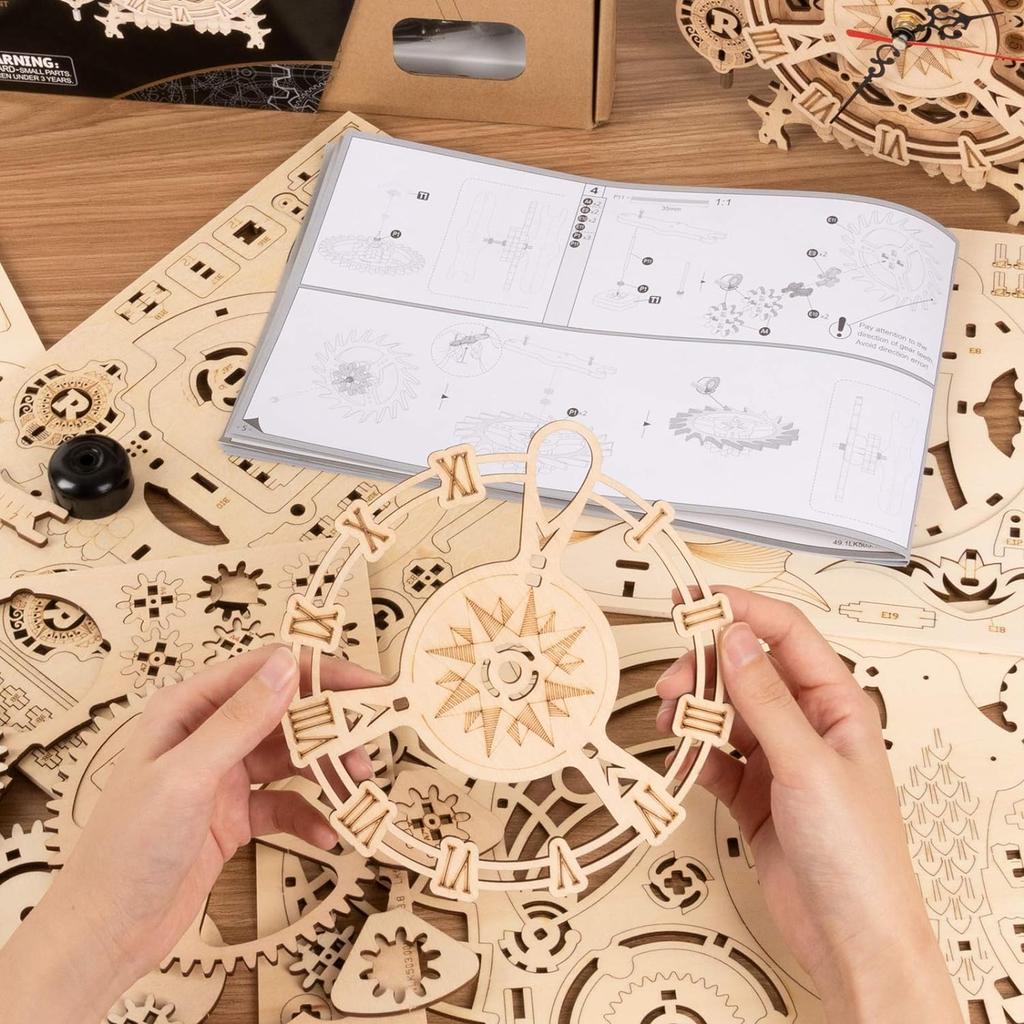 Robotime ROKR 3D Holzpuzzle Eulen-Uhr Modellbausatz Spielzeug für Kinder Jungen LK503