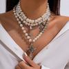 Hip Hop Punk Rose Flower Cross Necklace, Vintage Water Drop Pearl Beaded Necklace Set