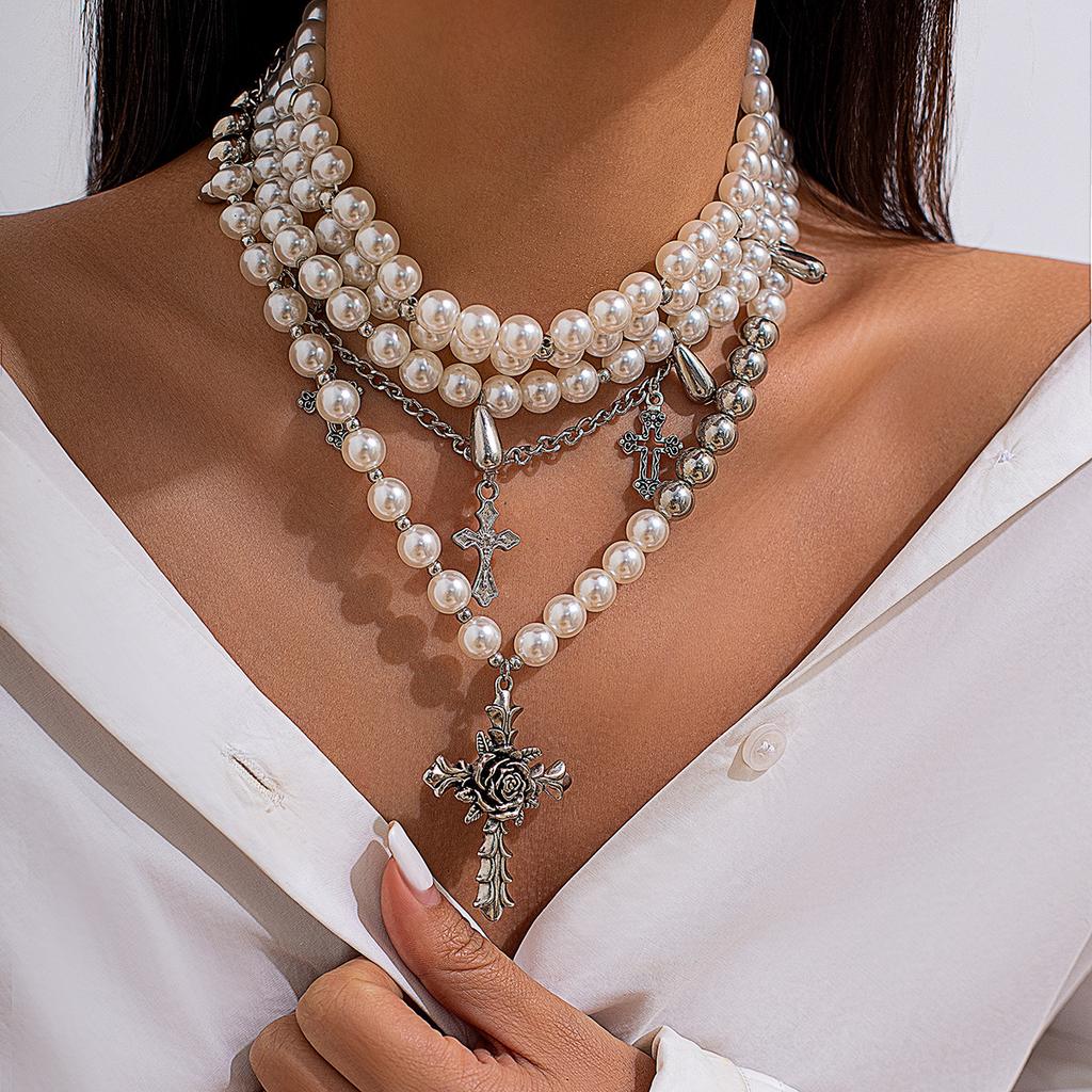 Hip Hop Punk Rose Flower Cross Necklace, Vintage Water Drop Pearl Beaded Necklace Set