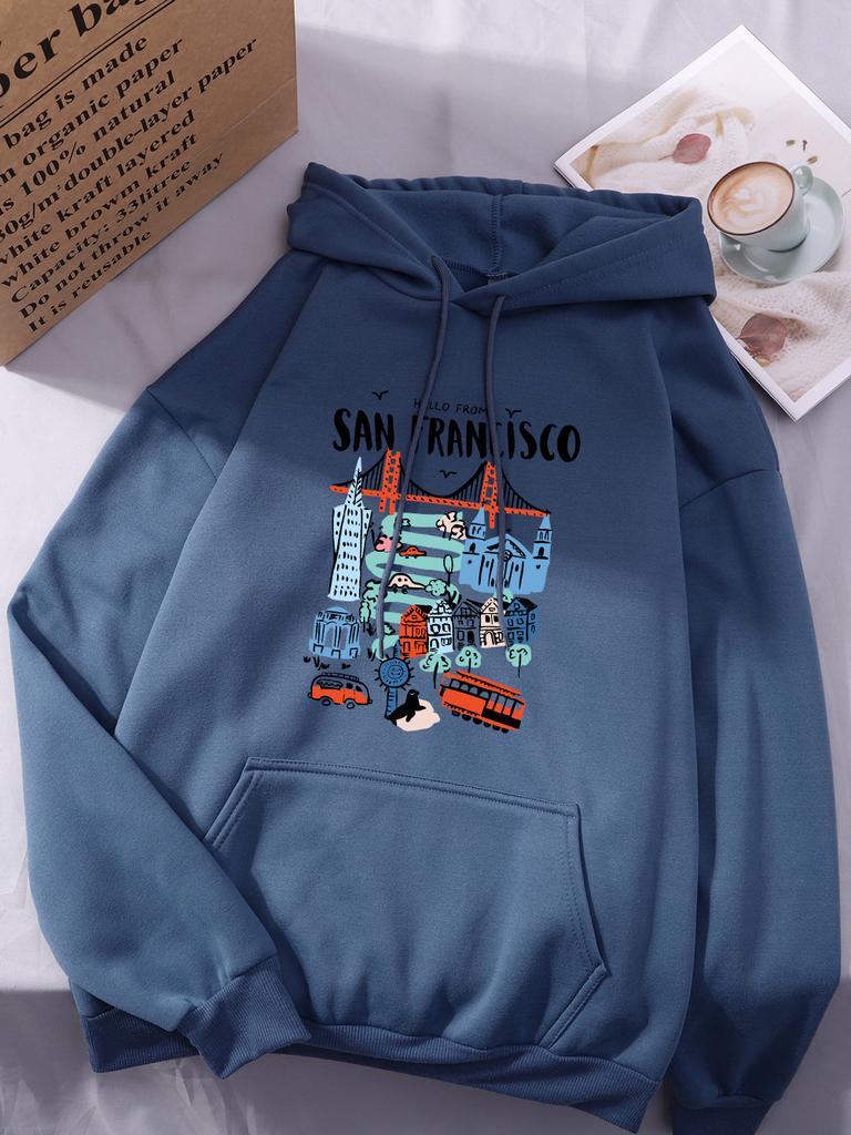Hallo aus San Francisco Druck Hoodies Damen Street Locker Kapuzenpullover Basics Sportliches Sweatshirt Winter Fleece Warm Damen Sportbekleidung