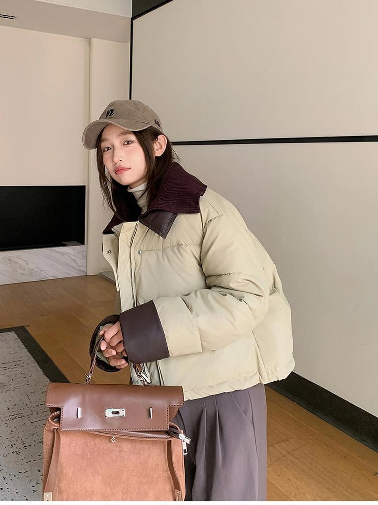 Knitted Lapel Short Down Jacket Women's Winter Thickened PU Leather Stitching Jacket