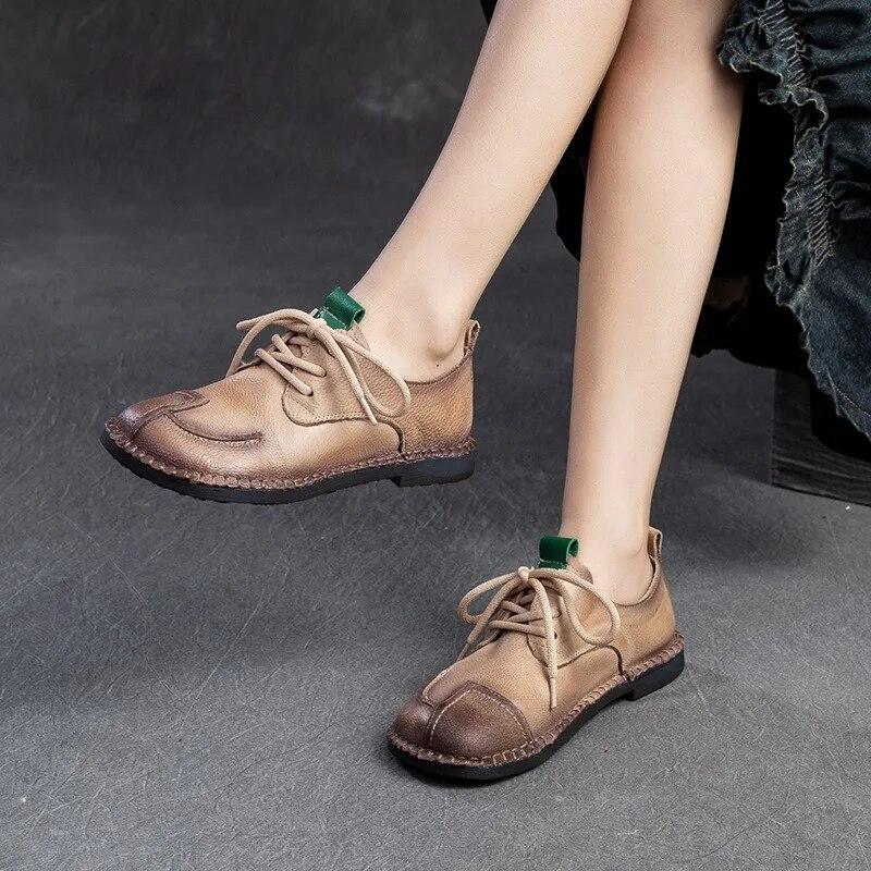 Johnature Damenschuhe aus echtem Leder mit weicher Sohle, Vintage-Stil, runde Spitze, Schnürung, vielseitige, bequeme, flache Schuhe