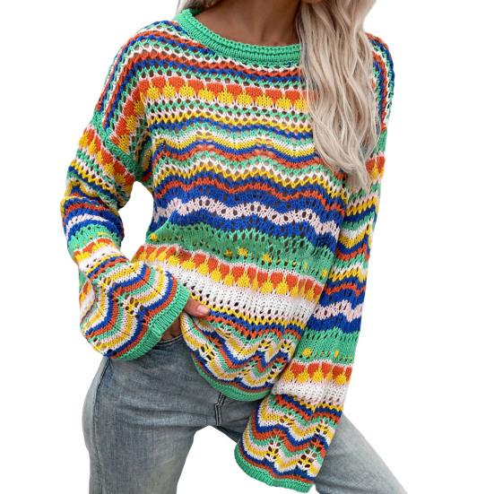 

Свободный повседневный женский свитер с круглым вырезом и длинными рукавами, вязаный топ в полоску контрастного цвета для повседневной носки L зелёный