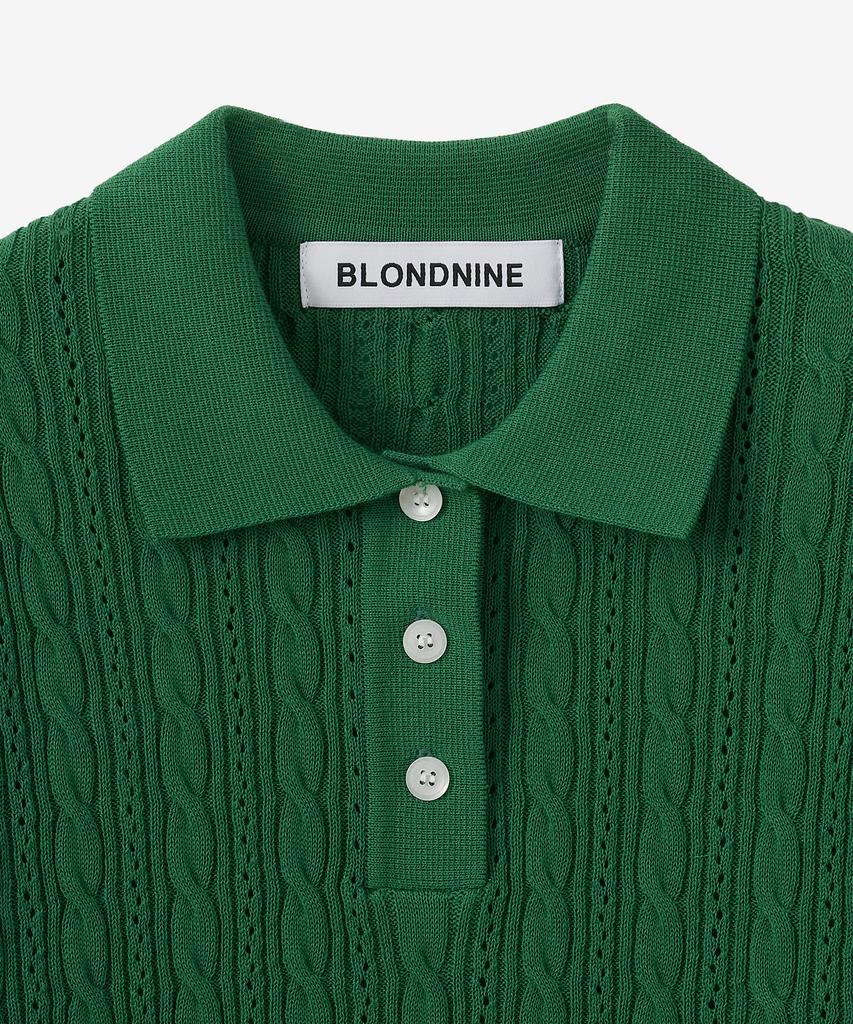 BLOND9 Jersey Corto de Punto Trenzado con Cuello Manga Corta_Verde Bosque