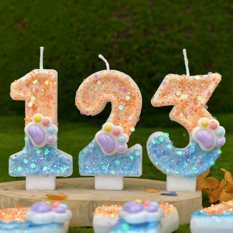 Sequin Cat Paw Dog Paw Digital Birthday Candle Cake Party Decoration First Birthday Celebration