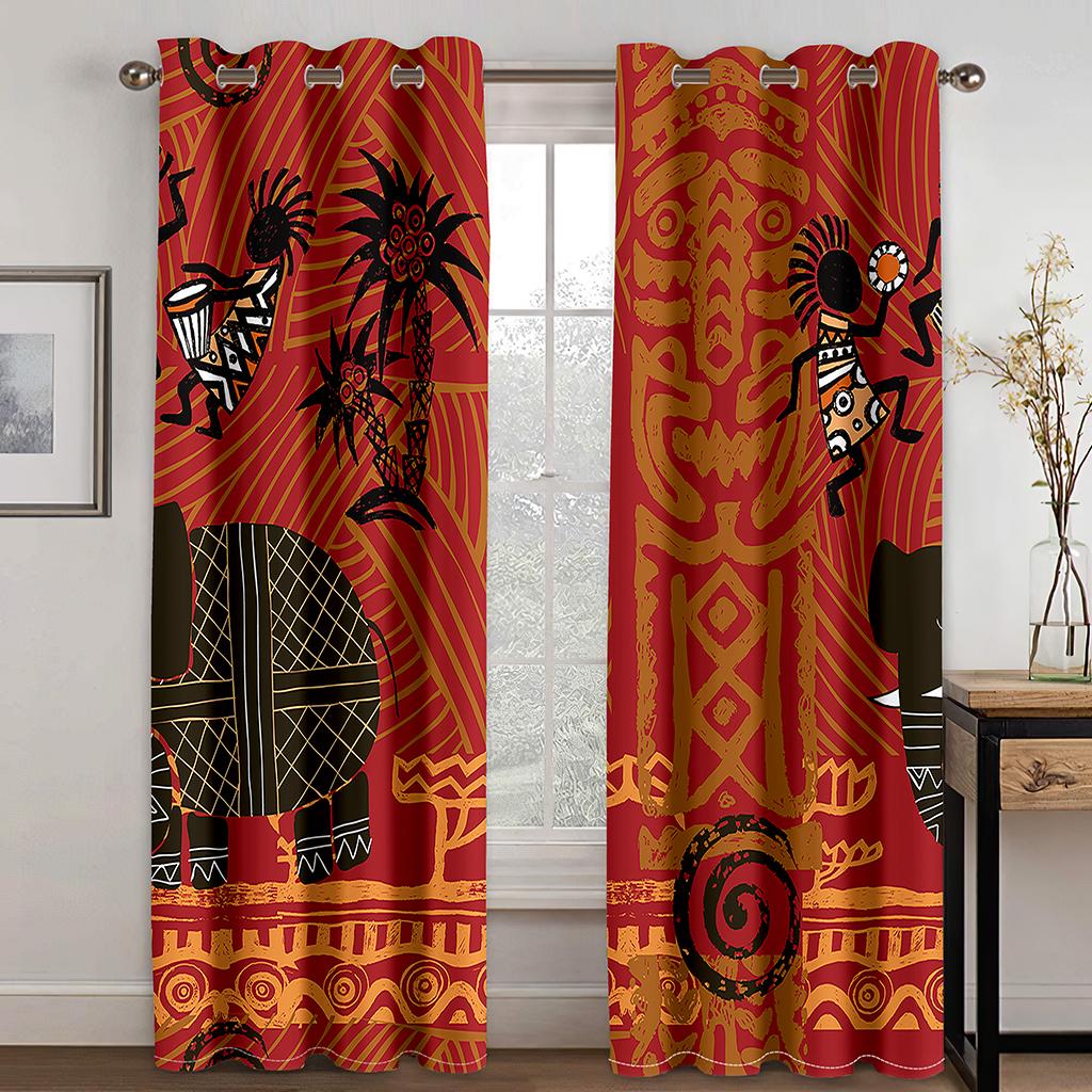 2 Stück Afrikanisches Muster Ethnisch Antike Vorhänge Bunt Stammesdruck Stangentaschenvorhänge Halbverdunkelungsvorhänge für Wohnzimmer 100W130H(CM)40x51in&Grommet Top