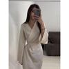 Fashion Style Loose Temperament Metal Decoration V Neck Tied Dress Loose V-neck Tie up Dress