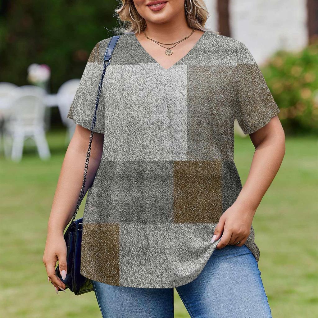 Women's Plus Size Fashionable Casual Loose-Fit Short Sleeve Elegant V Neck Blouse For Work