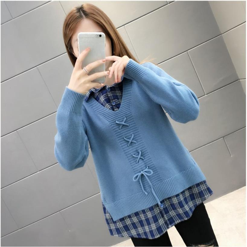 Spring and Autumn Lapel Women's Loose Lazy Style Stitching Fake Two-piece Pullover Sweater Bottoming