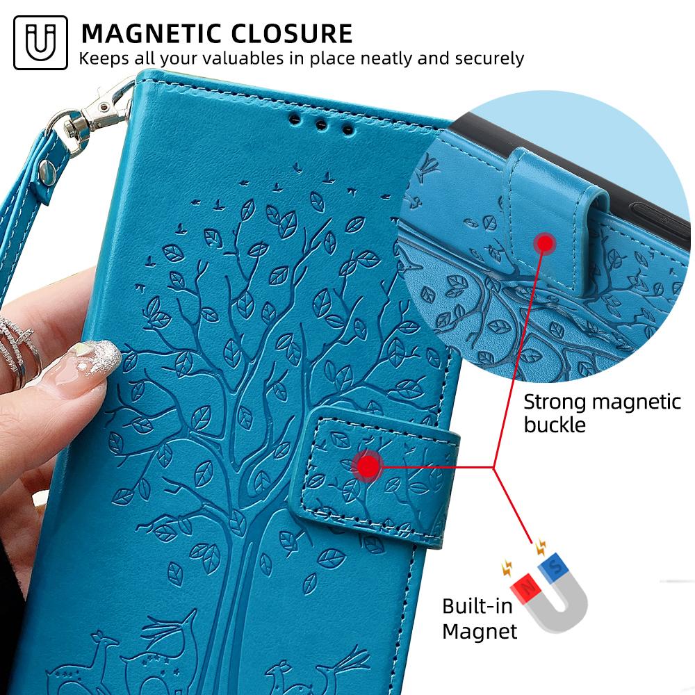 For Samsung Galaxy A25 5G (Global) (161.0 X 76.5 X 8.3mm) Case Imprinted Deer Tree Pattern 3 Card Slots Phone Protector with Hand Strap