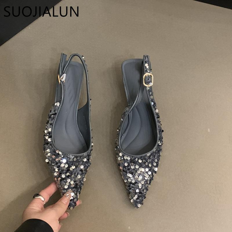 Móda SUOJIALUN 2024 Jaro Nové Dámské Sandály Módní Bling Korálky Dámské Elegantní Boty Slingback Špičatá Špička Nazouvací Muly Lodičky Boty