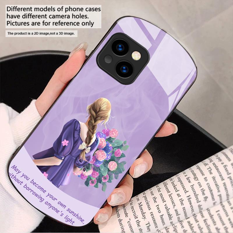 The Girl Holding Flowers For iPhone 17 16 15 14 13 Plus 12 Mini 11 Pro Max XR Xs Max X 7 8 6S 22 20 Elliptical Glass Phone Case