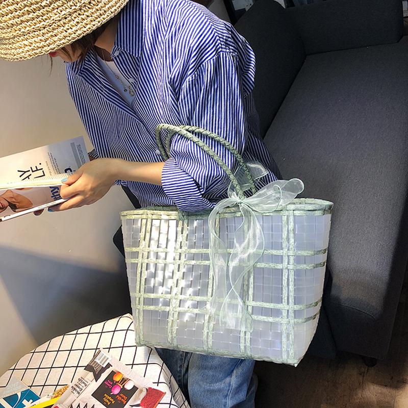 Summer Jelly Women Fashion Transparent Handbag Large Capacity Beach Bag Casual Woven Shopping Basket Tote MIT