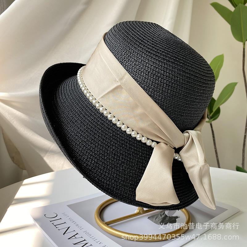 French celebrity style flat top top hat new summer elegant pearl straw seaside sun hat children