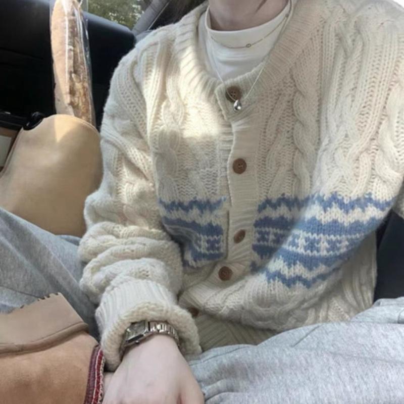 Svetr kardigan kabát pro ženy z ovčí vlny v retro barevném kontrastu, japonský ležérní styl, volný, smažené koblížky