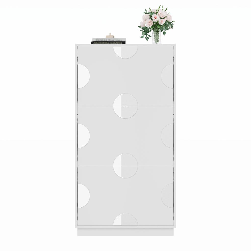 Modern and unique white shoe cabinet, shoe cabinet with 3 flaps, round mirror, large storage space, suitable for entryway/foyer
