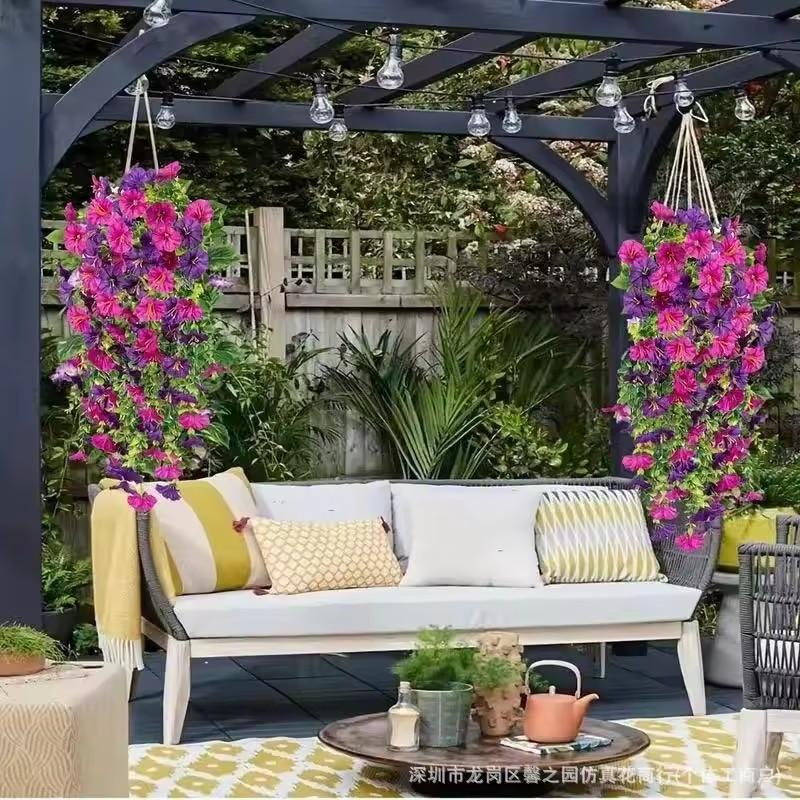 1PCS Artificial Hanging Flowers Silk Morning Glory Fake Flower UV Resistant Outdoor Hanging Plants for Wedding Home Garden Decor
