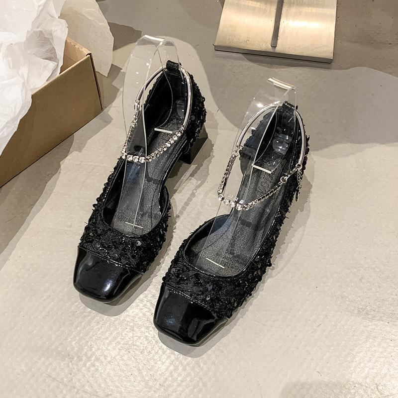 

Fashion Summer Elegant minimalist Square head Sequin Women Shoes Fashionable versatile Female Casual comfortable Thick Heel Shoes 35 чёрный