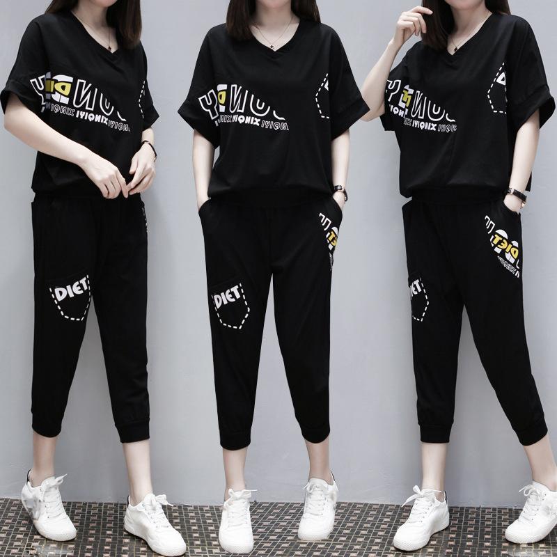 Summer Korean Fashion Women's Running Sportswear Set Short Sleeves Trousers