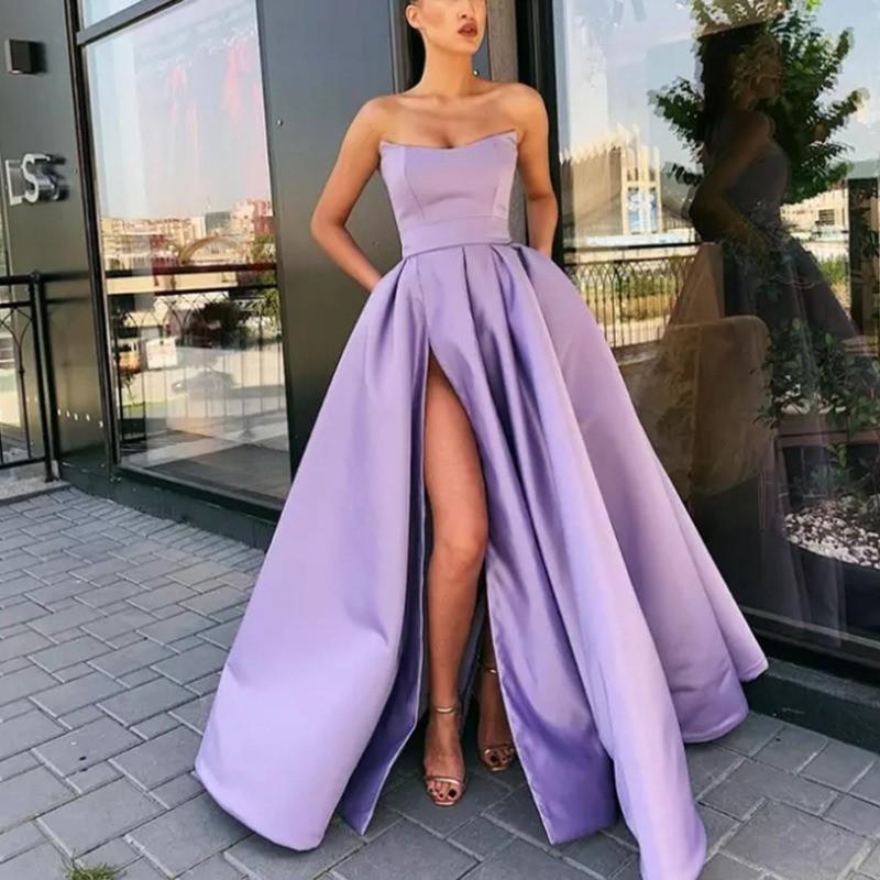 

Women Wedding Bride Bridesmaids Elegant Sleeveless Strapless Split Pleat Maxi Long Dress Party Ball Gown S