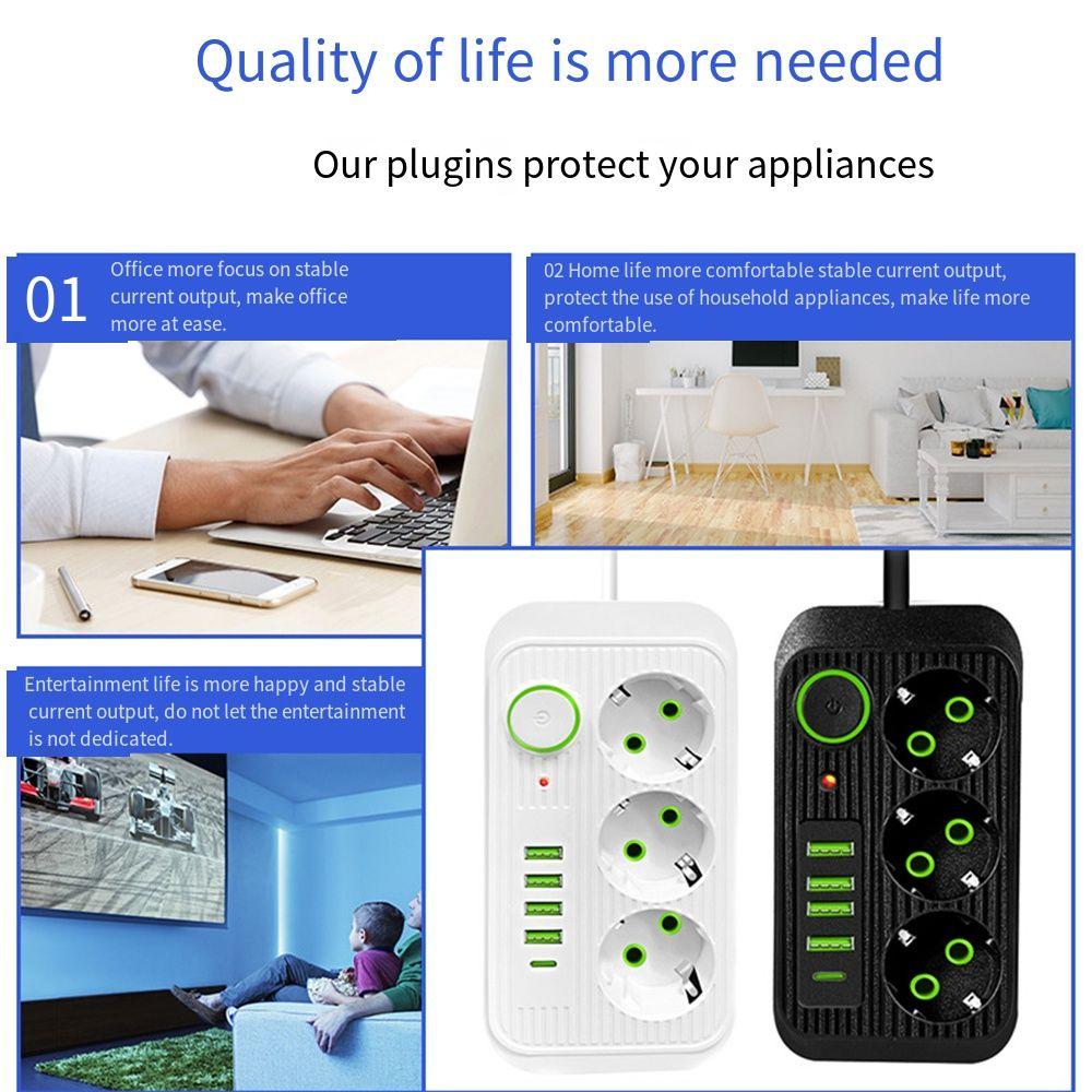 2m Extension Cord Surge-Protected Power Strip 3-Outlets Extended USB Socket  School