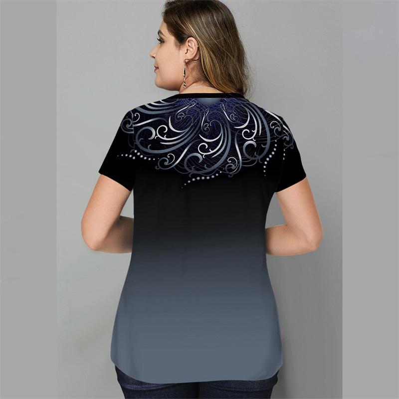 Dámská móda Květinový potisk Krátký rukáv Halenky Topy Trička Plus Size 6XL