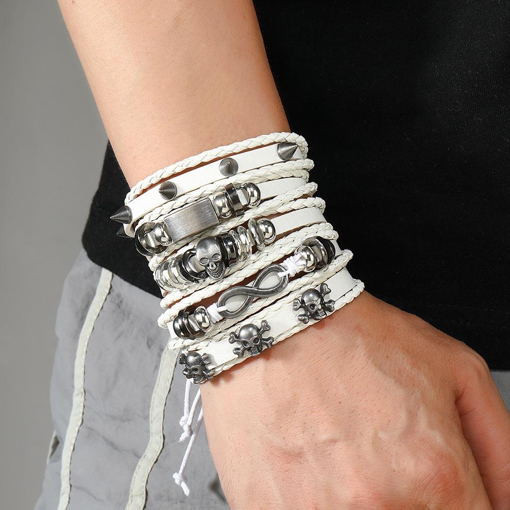 5 Piece Vintage Hip Hop Skull Leather Bracelet for Men's Gothic Punk Teenage Street Jewellery Accessories Man Handmade Bracelet