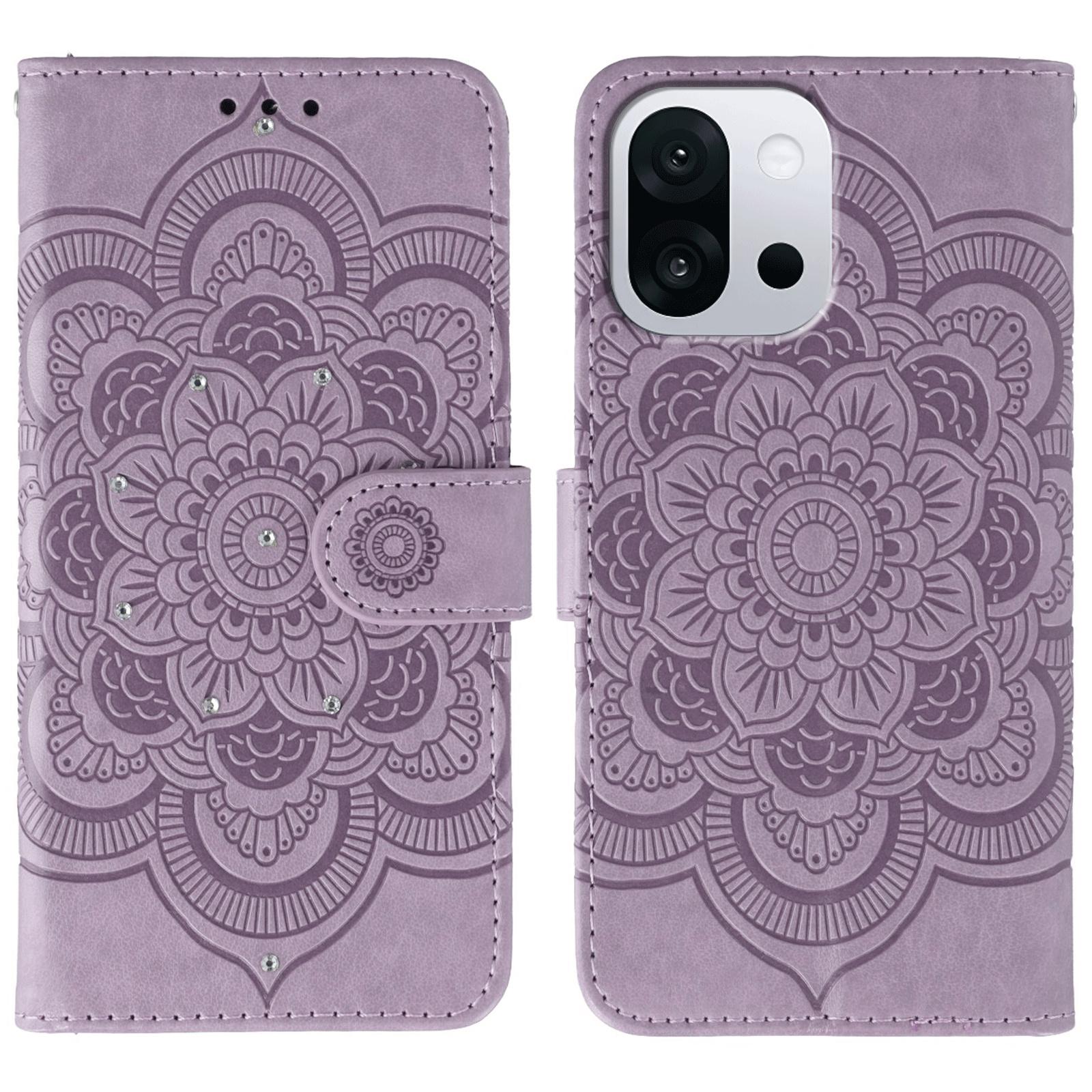 

For OnePlus 13T 5G Case Rhinestone Decor PU Leather Mandala Imprinted Design Phone Cover with Wrist Strap Purple
