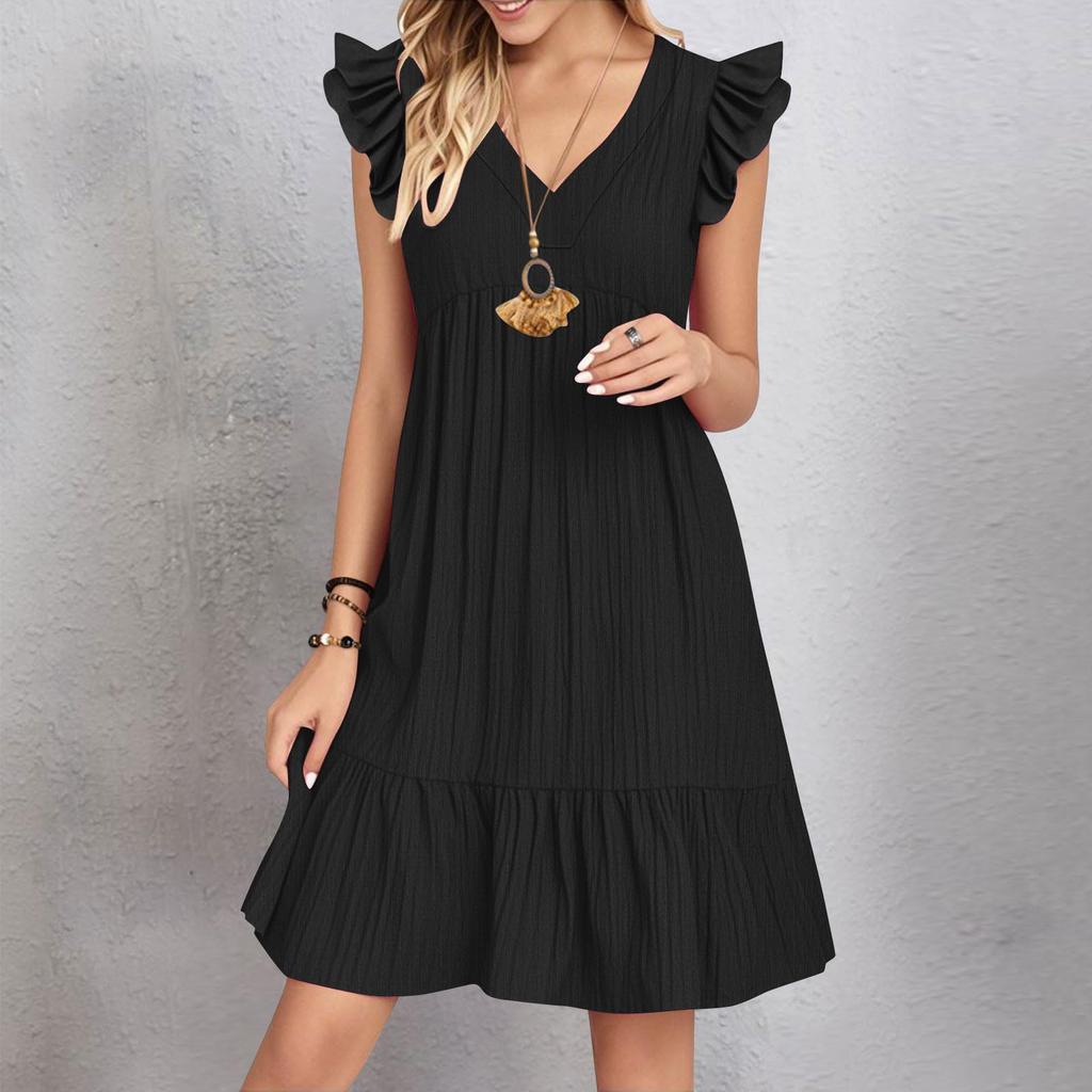 Womens Sleeve Casual V-Neck Pleated Dress Loose Linen Dresses
