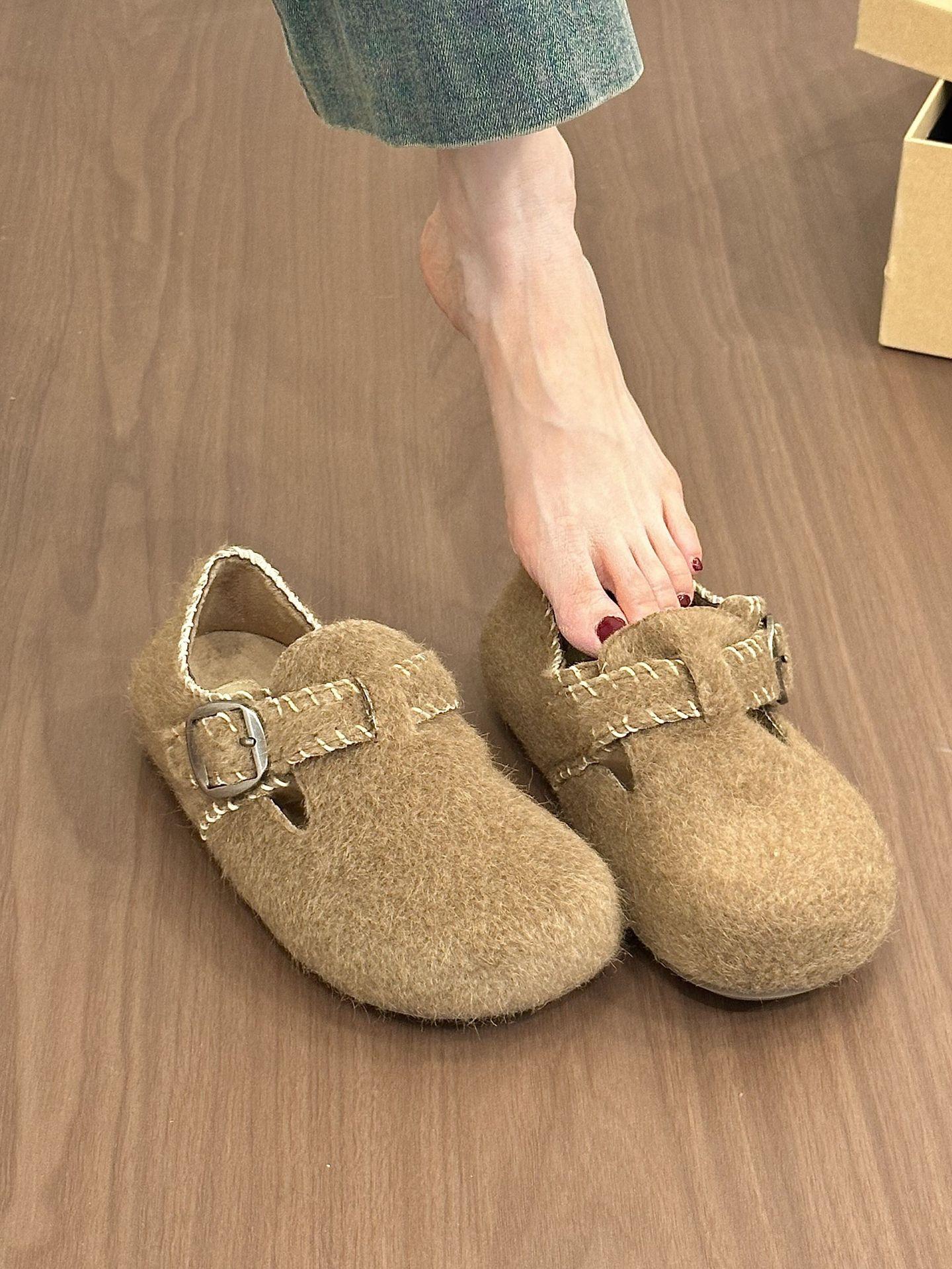 

Кабинет Ланя вступает в осень по своему желанию! Ретро шерстяная круглая голова плетеная сумка голова Birkenstoomen s осень и корейская версия толстая подошва бархатные хлопковые туфли 40 бежевый