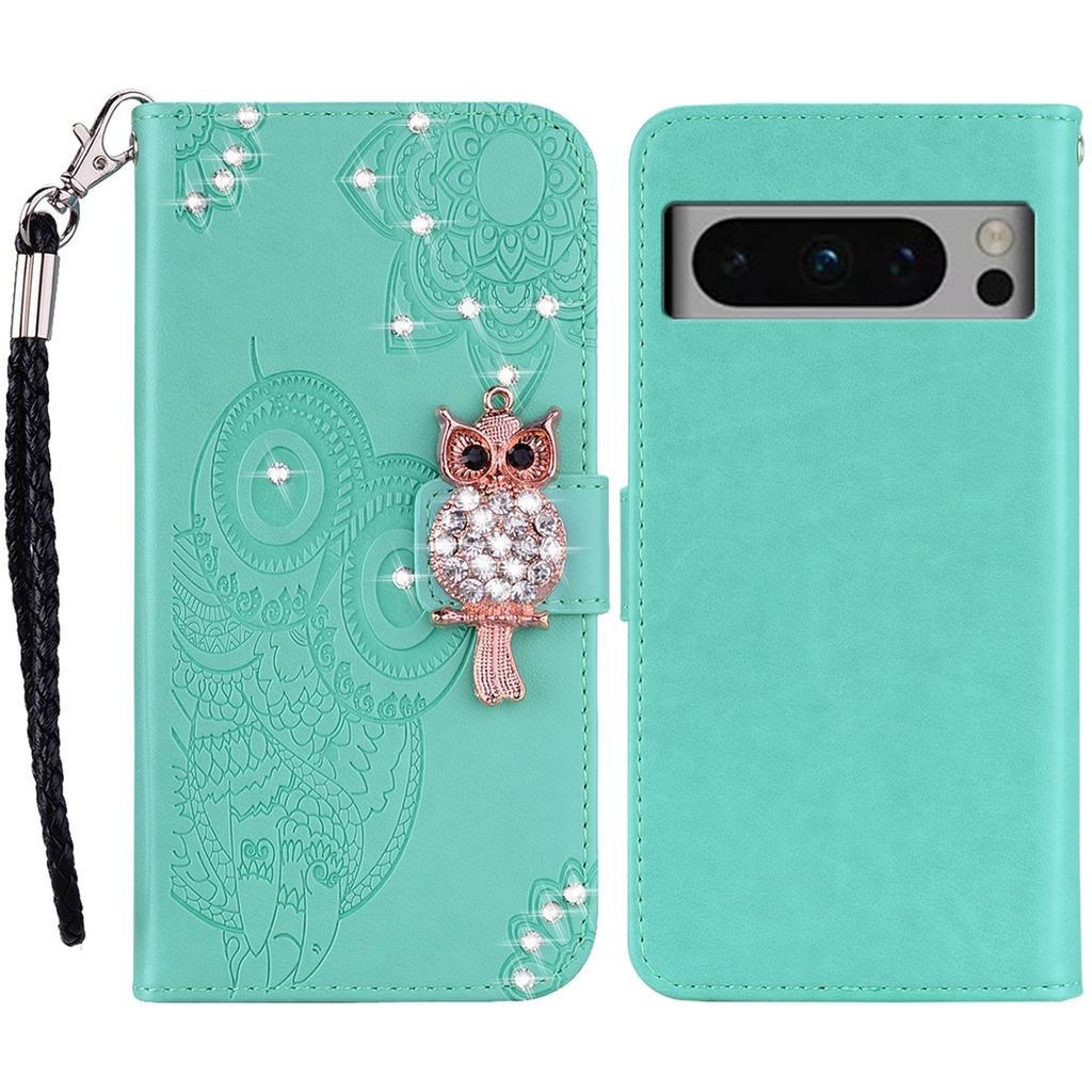 For Google Pixel 9 Pro XL Wallet Case Owl Flower Imprinted Rhinestone Leather Cover