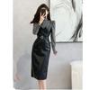 Streetwear PU šaty 2dílná sada Dámské outfity Neformální rolák Košile s rukávy a koženými šaty bez ramínek Dámské