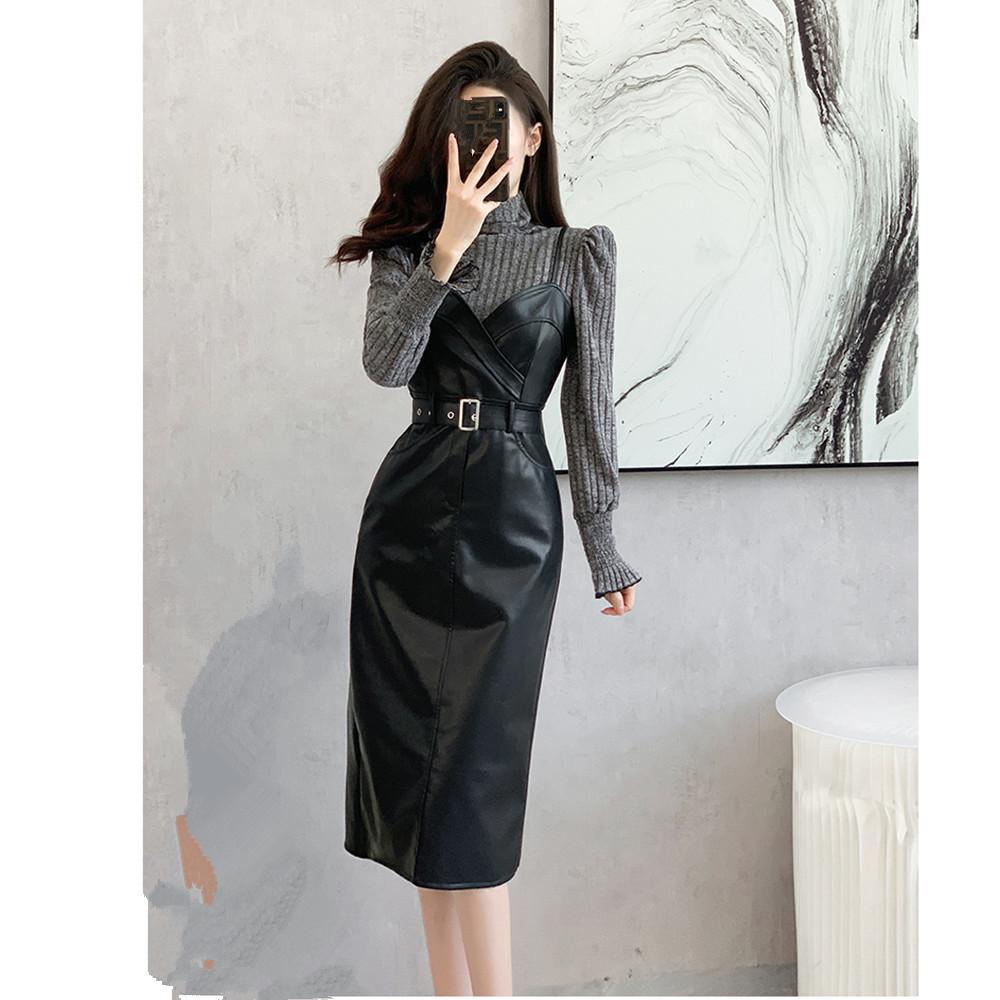 Streetwear PU šaty 2dílná sada Dámské outfity Neformální rolák Košile s rukávy a koženými šaty bez ramínek Dámské