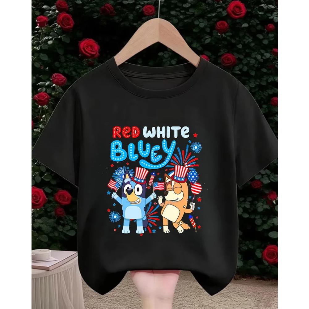 Kids Casual Tee Street Fashion Bluey Popular Cartoon Print For Boys Girls Summer Soft Comfort Tops 3-14 Age