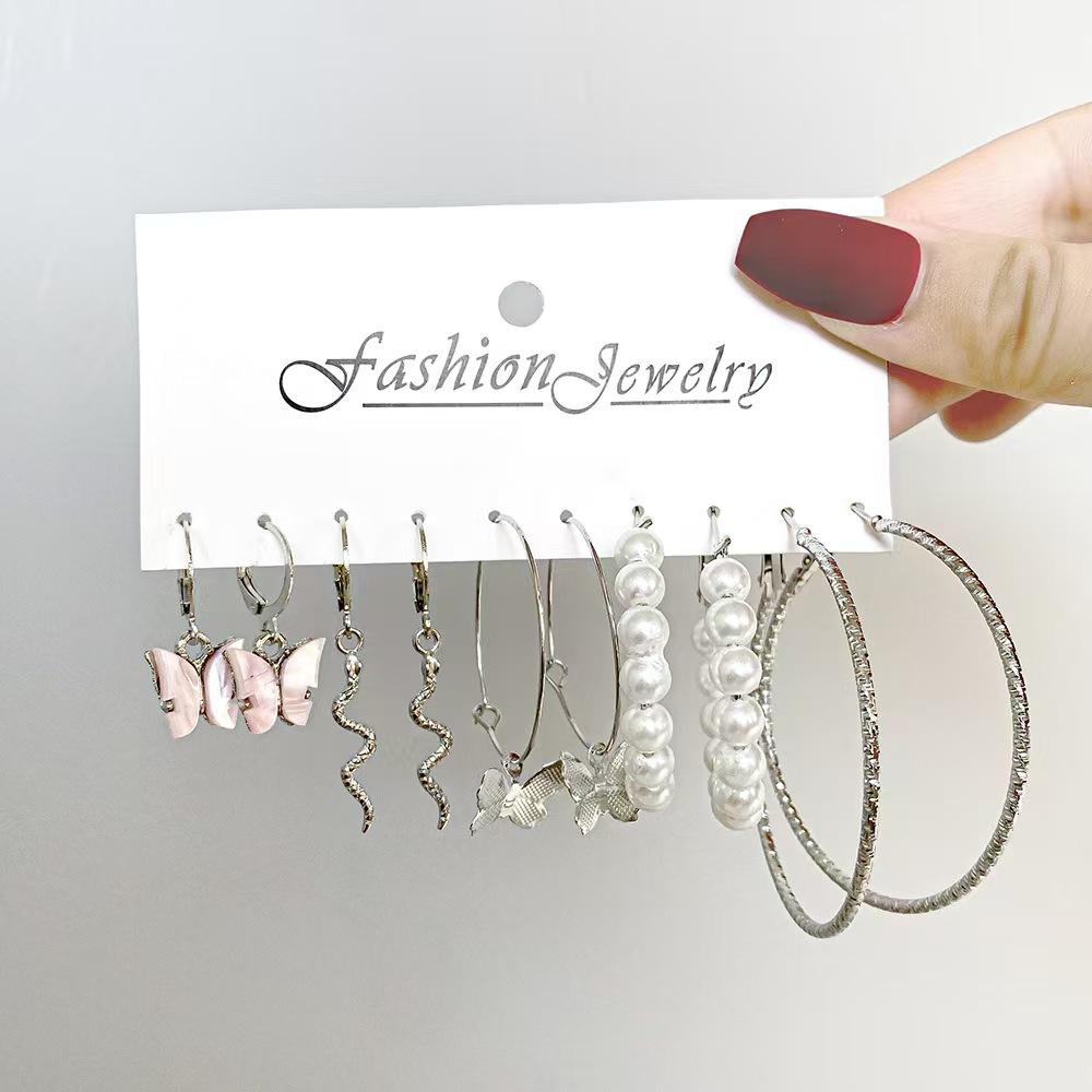 5pcs Set Creativity Snake Shape Acrylic Butterfly Pearl Dangle Earring Set for Women Fashion Hoop Earring Jewelry Accessories