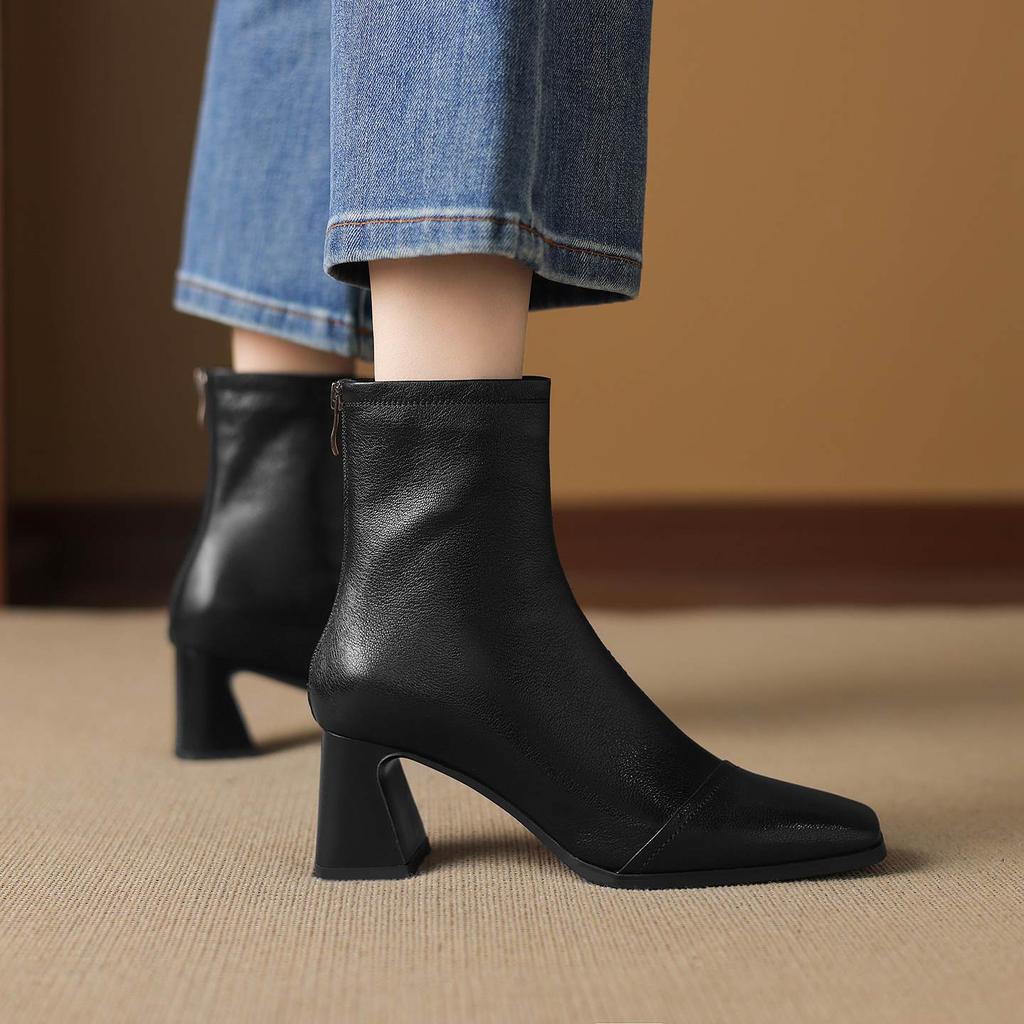 Krazing Pot Sheepskin Winter Square Toe Modern Boots Thick High Heels Zipper Women Ankle Boots