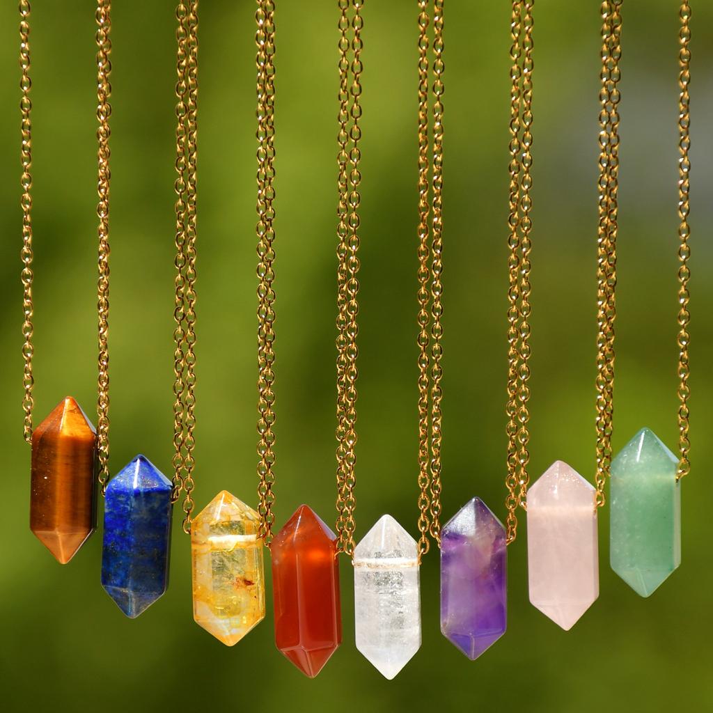 Natural Crystal Pendant Necklace Hexagonal Double Point Tiger Eye Lapis Lazuli Amethyst Rose Quartz Chakra Jewelry