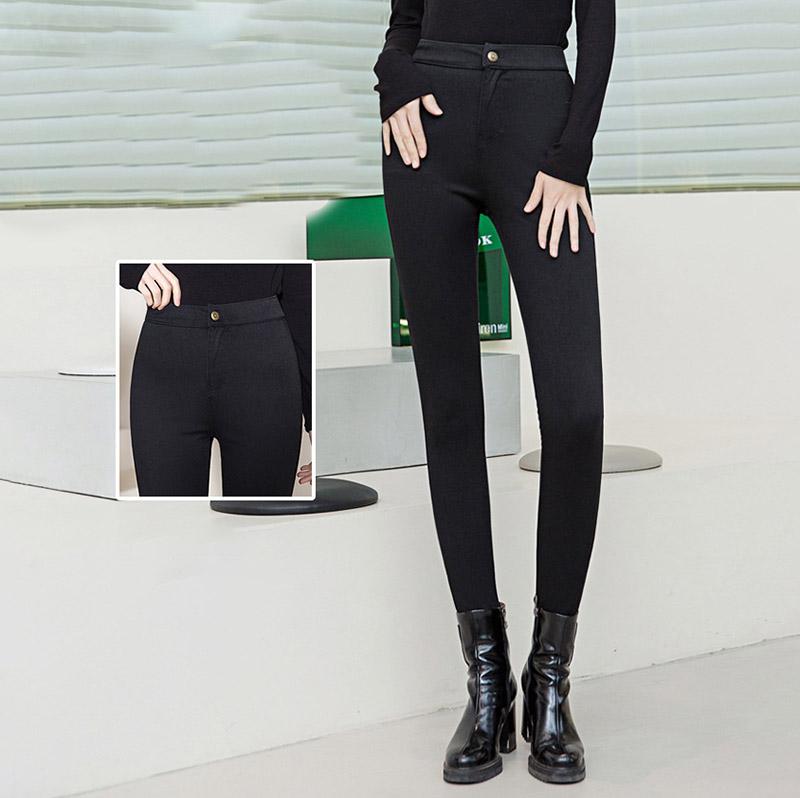 Lady Casual Street Slim Pencil Pants Dámské Skinny Kalhoty Jednobarevné černé kalhoty s knoflíkem do kapsy