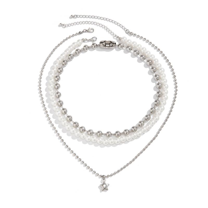 Punk chic layered beaded necklace - minimalist star & pearl jewelry