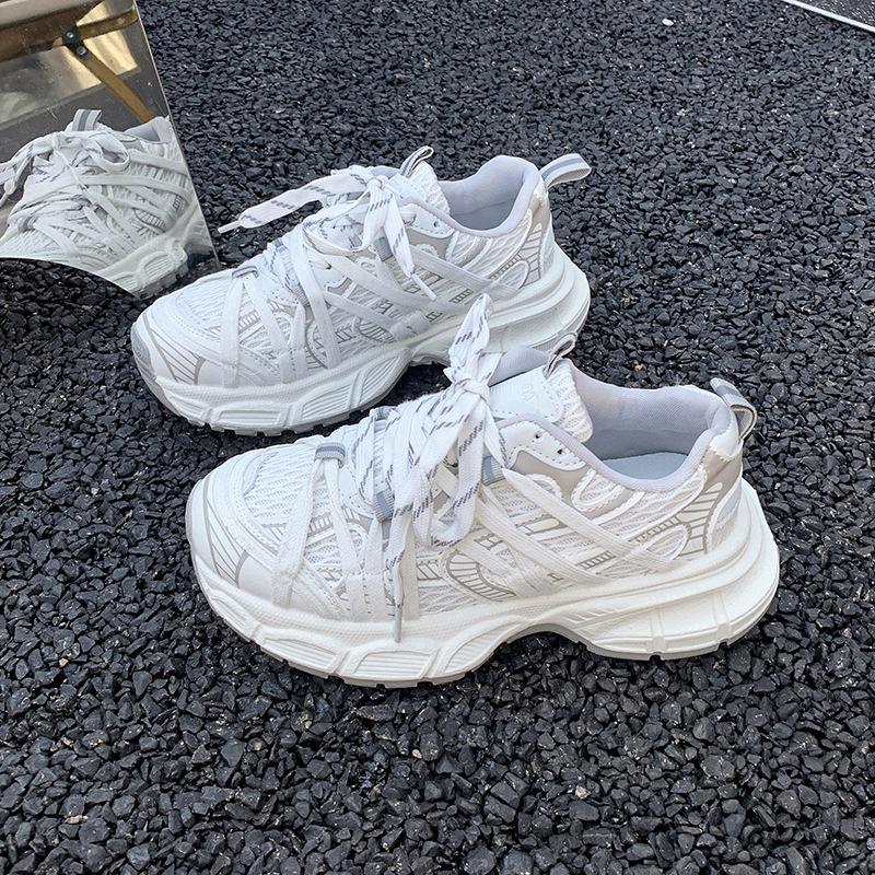 

Breathable lace-up niche mesh sports shoes spring and summer versatile new dad shoes street style round head fashion casual 35 белый