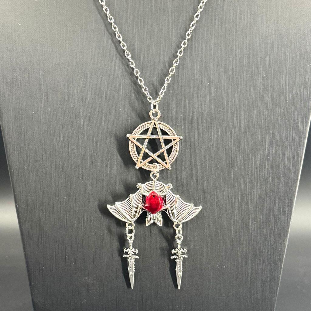 Gothic Punk Star & Bat Sword Pendant Necklace - Halloween Style