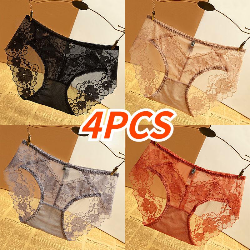 4PCS Women Sexy Lace Panties Female Underpants Breathable Lingerie Temptation Transparent Intimates Underwear